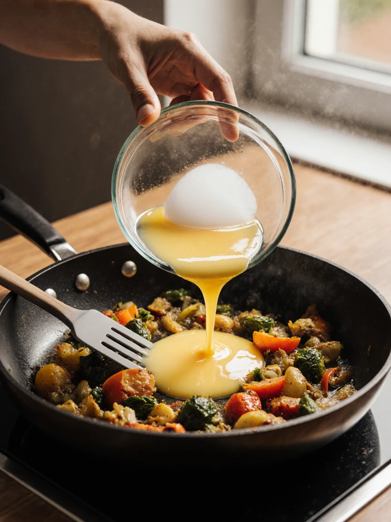 Egg whites being poured from a glass bowl into a skillet of sautéed vegetables, silicone spatula ready beside the pan