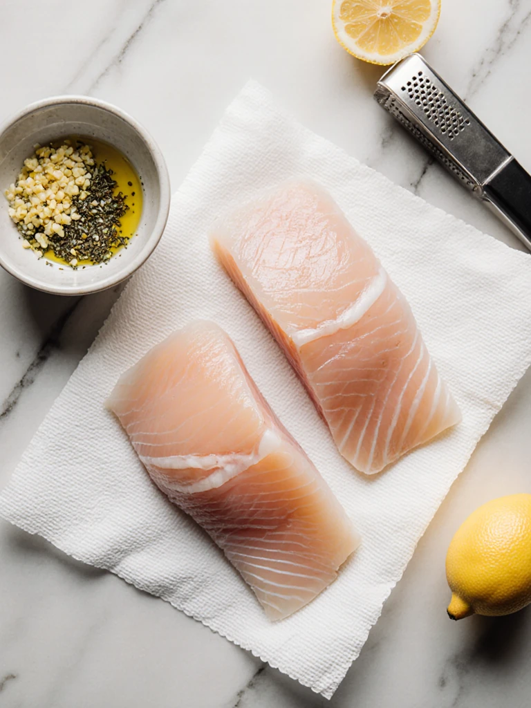 Raw cod fillets patted dry on paper towels beside a small bowl of garlic, lemon zest, and olive oil seasoning mixture