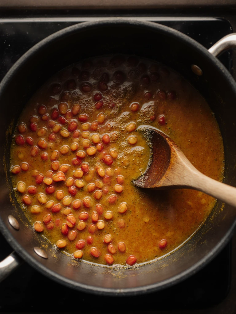 Red lentils simmering in golden spiced broth in a pot, lentils beginning to soften and break down into a creamy texture
