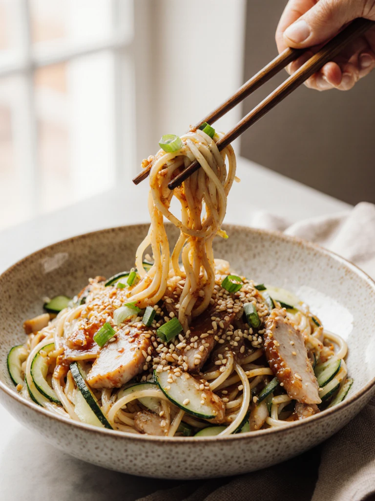 Close-up of sesame cucumber noodle salad with chicken served in a bowl, chopsticks lifting a tangle of noodles and shredded chicken
