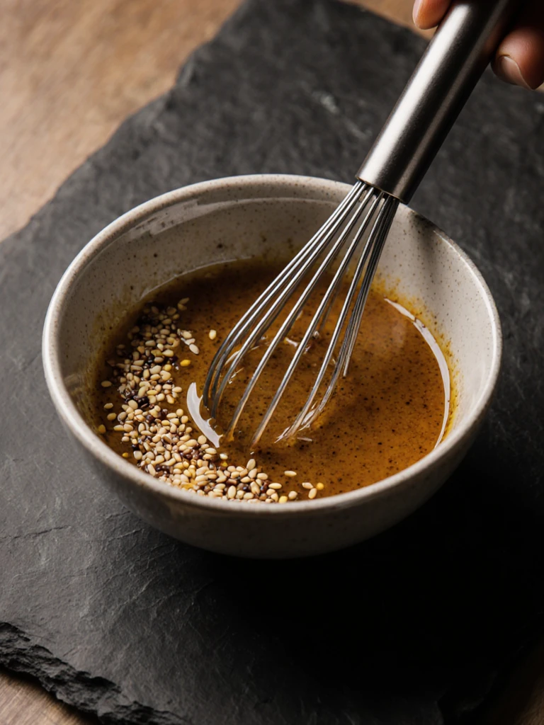 Sesame ginger dressing ingredients whisked in a small bowl showing soy sauce, sesame oil, rice vinegar, ginger, and peanut butter