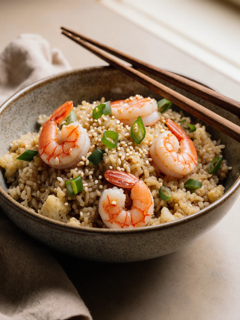 Bowl of shrimp cauliflower fried rice garnished with sesame seeds and sliced green onions, chopsticks resting on the rim