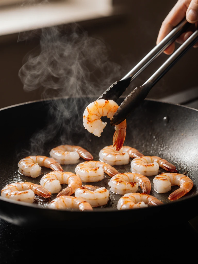 Raw shrimp in a single layer searing in a hot wok with visible browning on the edges, tongs lifting one shrimp