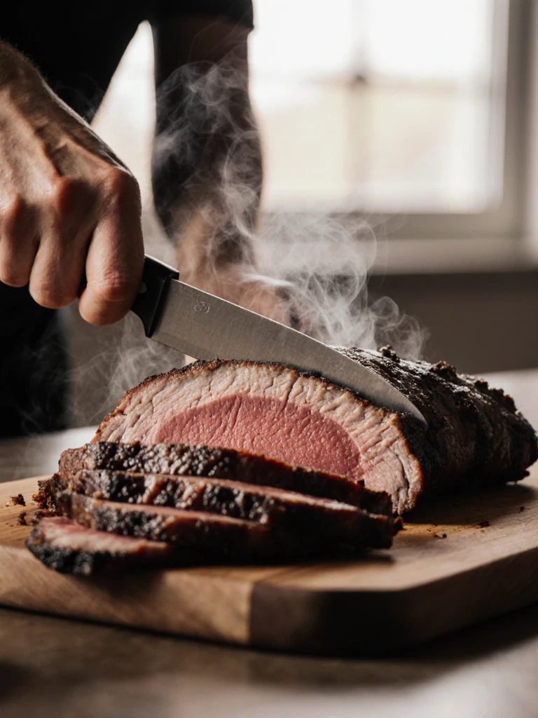 Hands slicing smoked brisket into thin strips on a wooden board with smoke ring visible in the meat