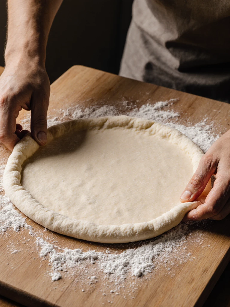 Pizza dough stretched by hand on a floured wooden surface, thin in the center with a raised edge border