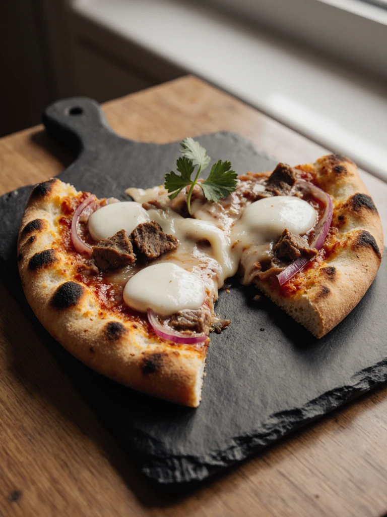 Two slices of smoked brisket BBQ pizza on a slate board, cheese pull visible, charred crust edge in focus