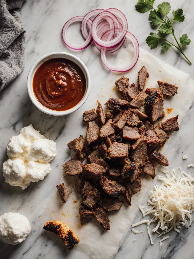 Small bowl of blended BBQ and pizza sauce beside chopped smoked brisket and shredded mozzarella on a marble surface