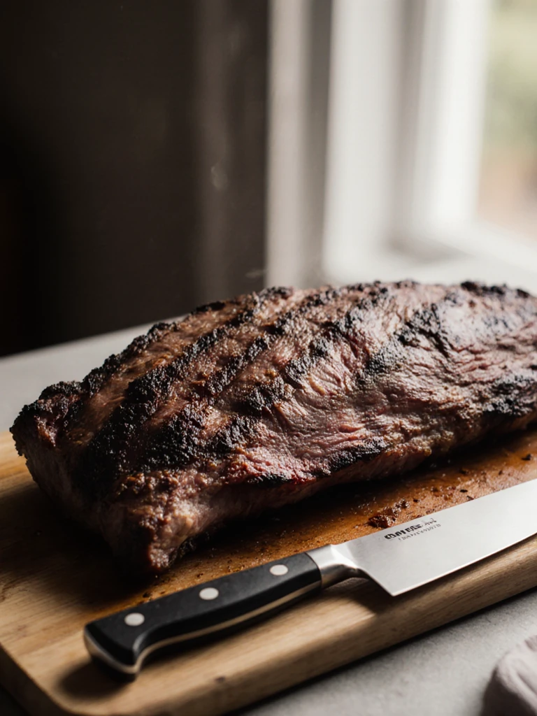 Whole beef brisket flat with a thick bark resting on a cutting board beside a chef's knife before slicing
