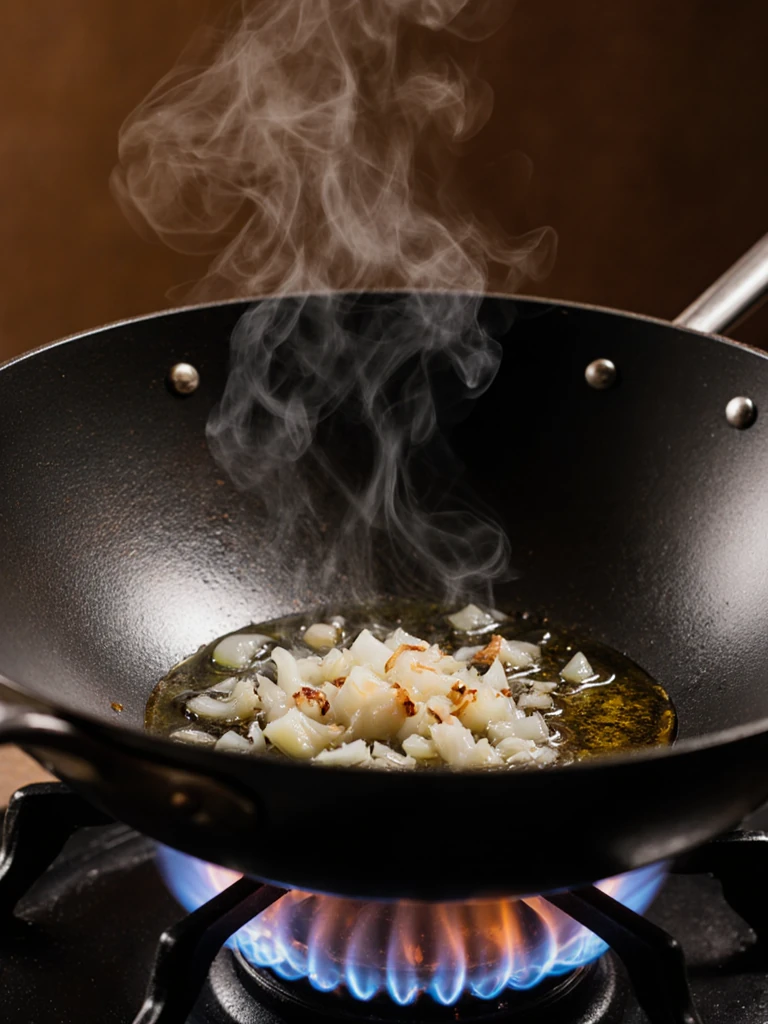 Smoking hot wok with oil shimmering at high heat, garlic and onion sizzling against the wok wall