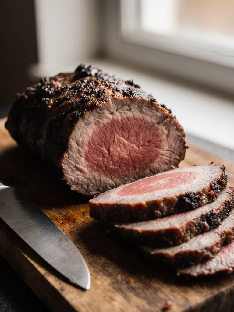 Smoked brisket sliced thin against the grain on a wooden board, smoke ring visible, fanned out for grain bowl assembly
