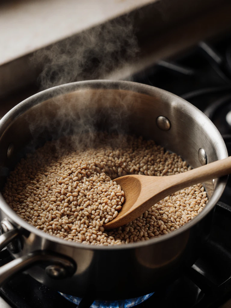 Dry farro grains toasting in a dry saucepan over medium heat, turning golden and fragrant before water is added