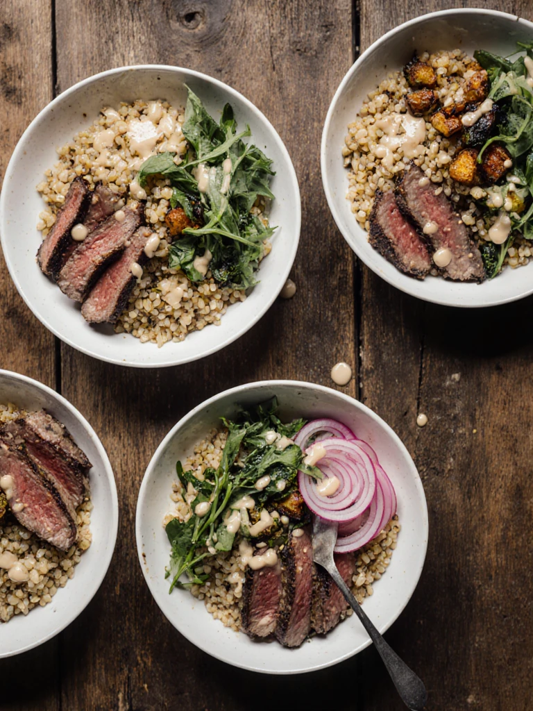 Four assembled smoked brisket grain bowls on a wooden table, each layered with farro, brisket, vegetables, and dressing, ready to serve