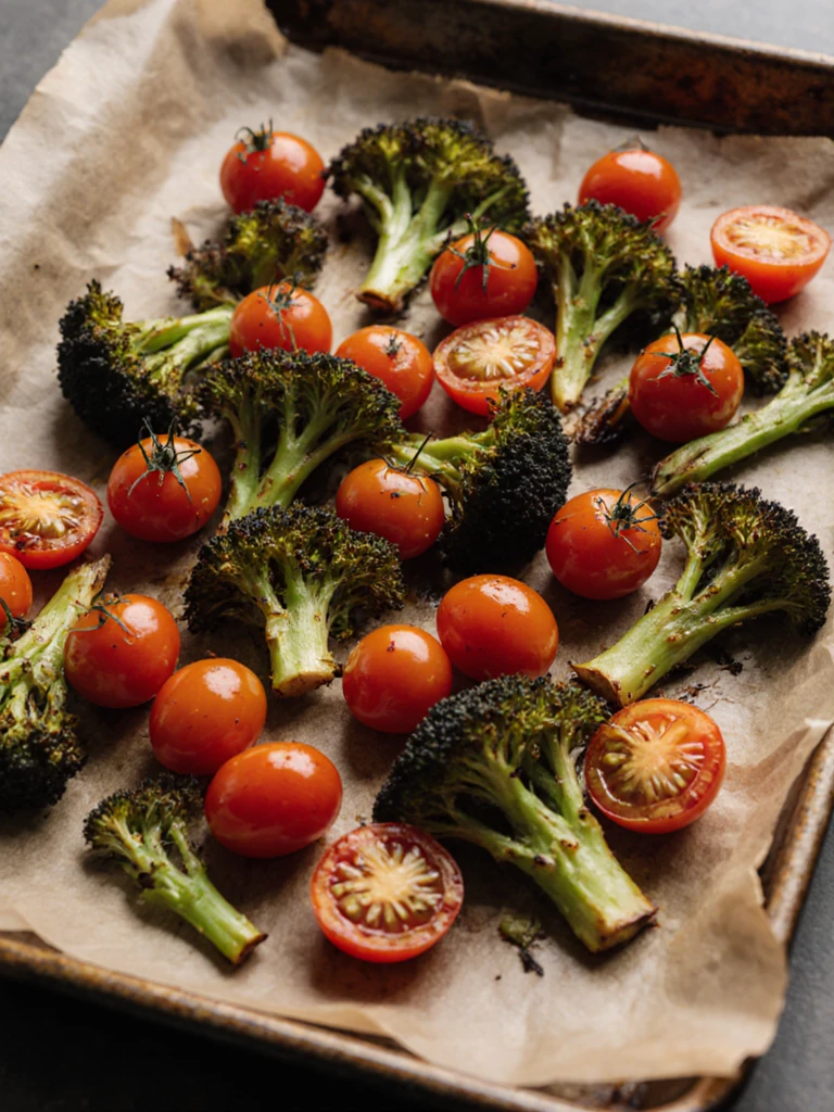 Roasted cherry tomatoes and broccolini on a baking sheet, caramelized and slightly charred at the edges