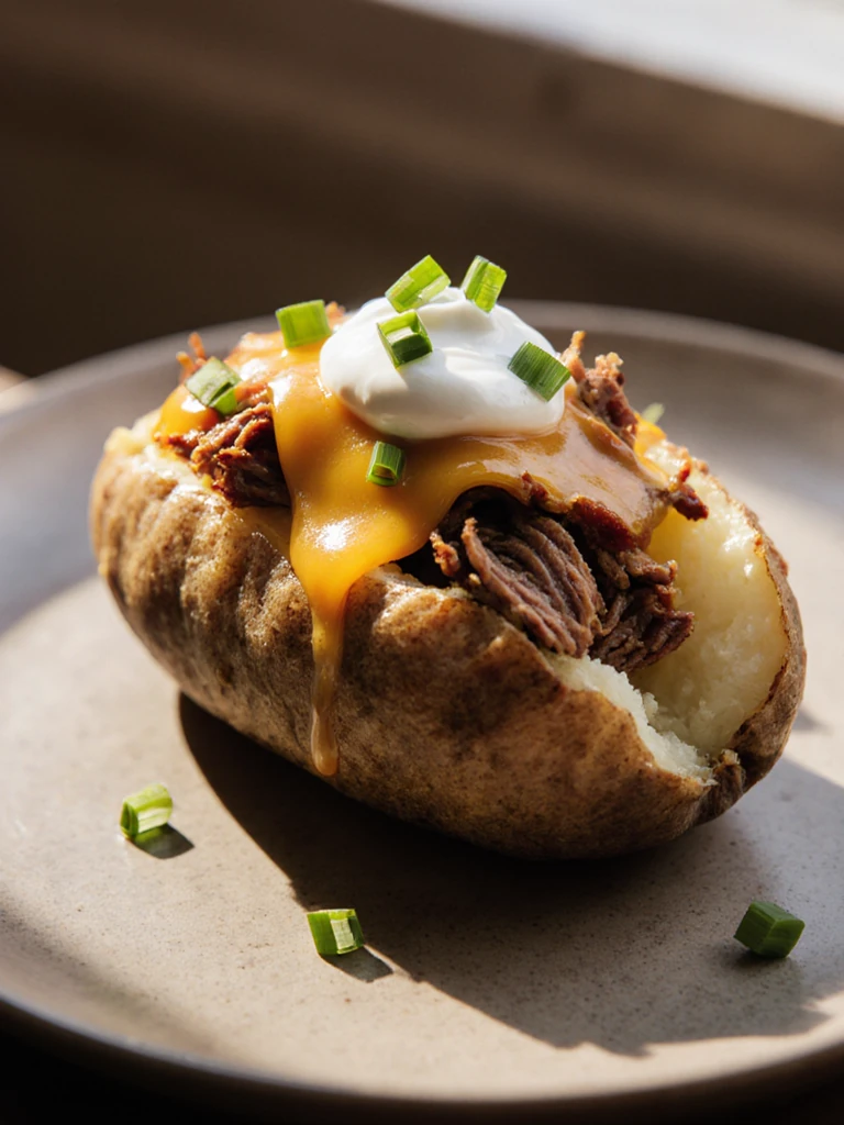 Smoked brisket baked potato loaded with cheese, sour cream, and chives on a rustic plate
