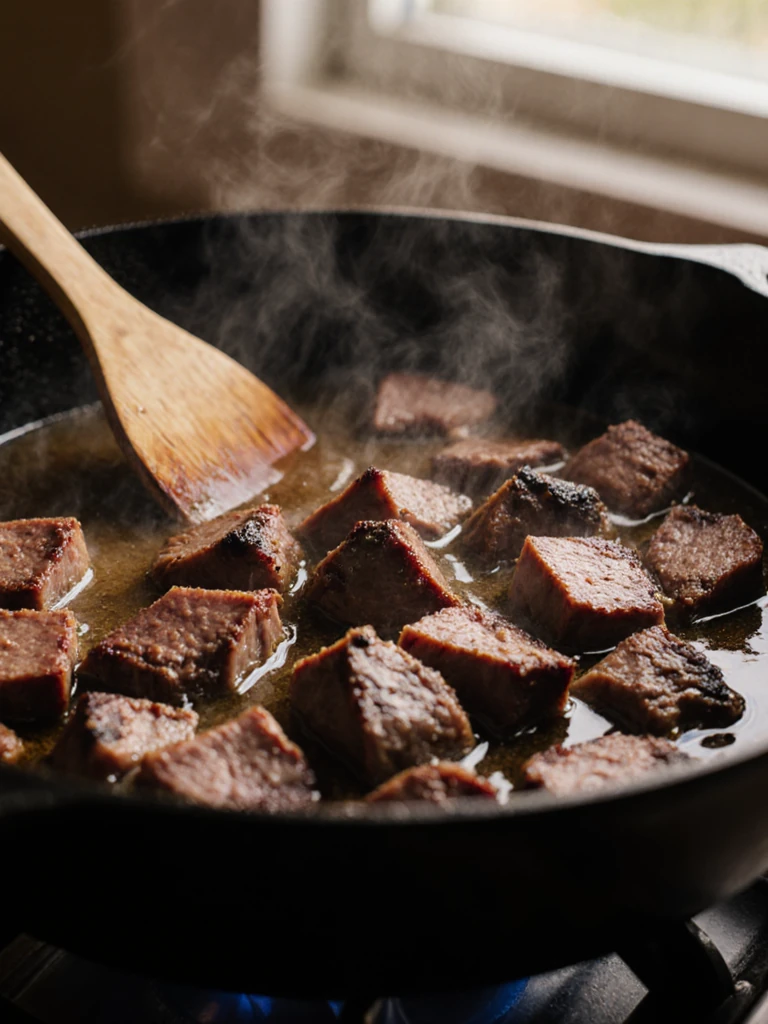 Chopped smoked brisket warming in a cast iron skillet with a splash of beef broth, steam rising