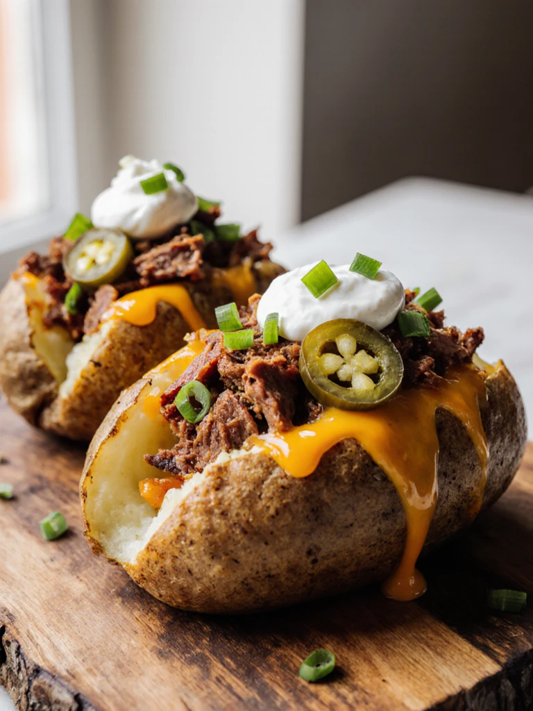 Two loaded brisket baked potatoes on a rustic wooden board, garnished with sour cream, crispy jalapeños, and green onions