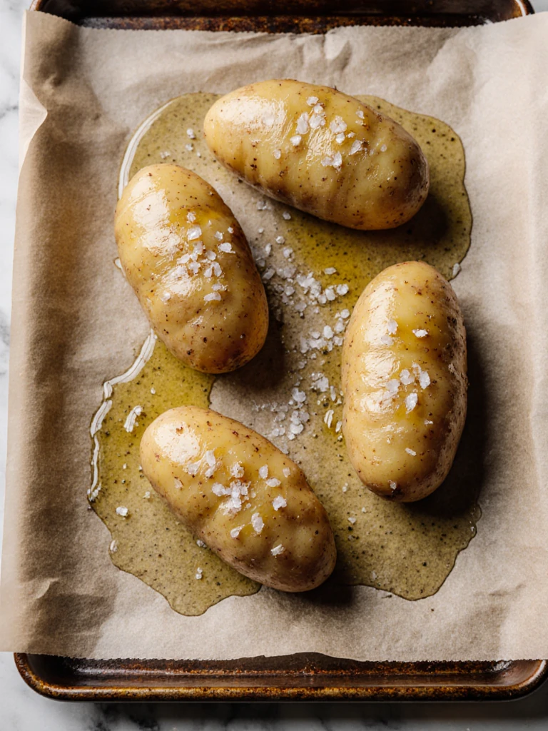 Four russet potatoes coated in olive oil and kosher salt on a baking sheet, ready for the oven
