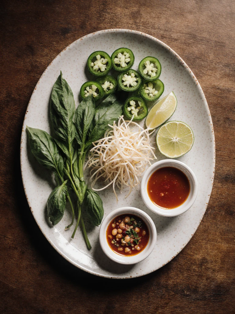 Smoked brisket pho garnish plate with Thai basil, bean sprouts, jalapeño slices, lime wedges, and hoisin and sriracha sauce ramekins