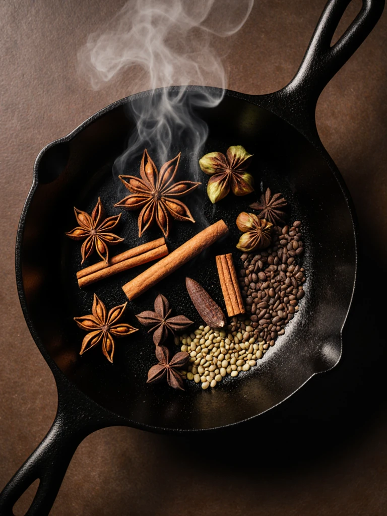 Pho spices including star anise, cinnamon stick, cardamom pods, cloves, and coriander seeds in a dry cast iron skillet, lightly toasted