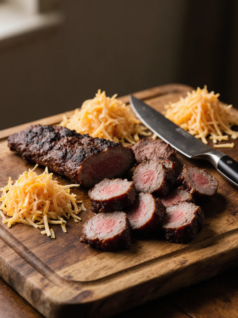 Diced smoked brisket pieces on a wooden cutting board alongside shredded cheddar and Oaxaca cheese