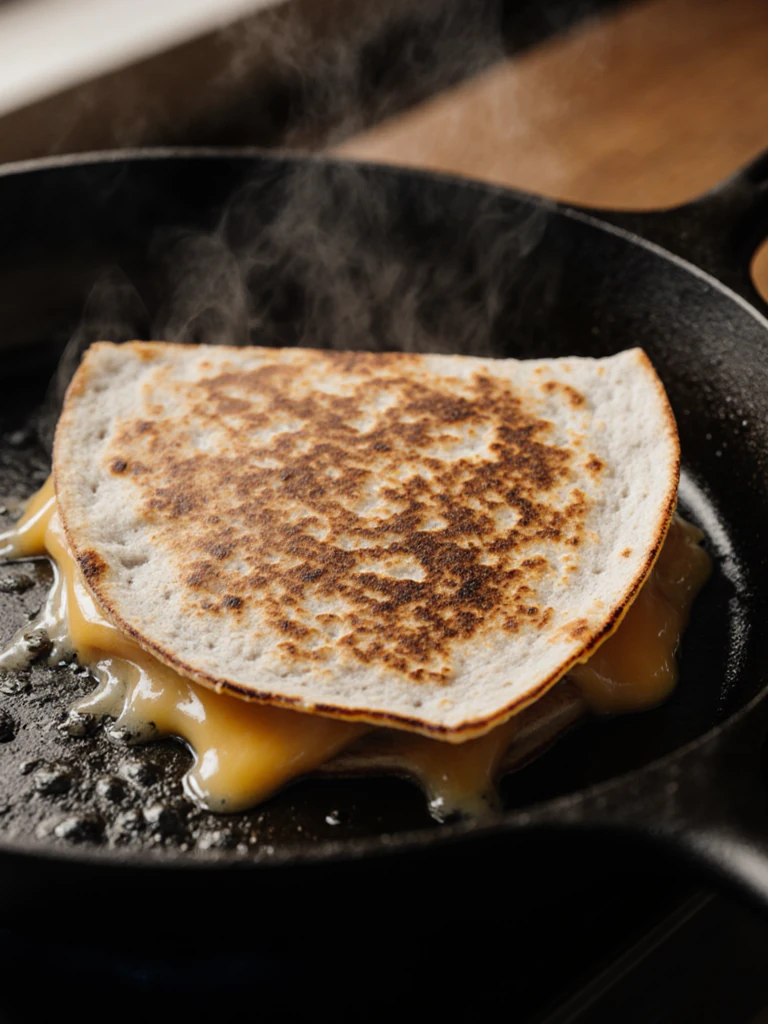 Golden-brown smoked brisket quesadilla cooking in a cast iron pan, cheese melting at the edges