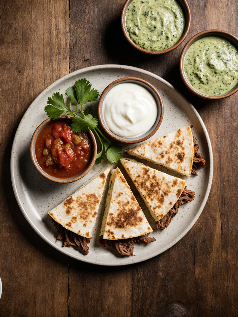 Sliced brisket quesadilla wedges served with small bowls of salsa, sour cream, and cilantro lime crema