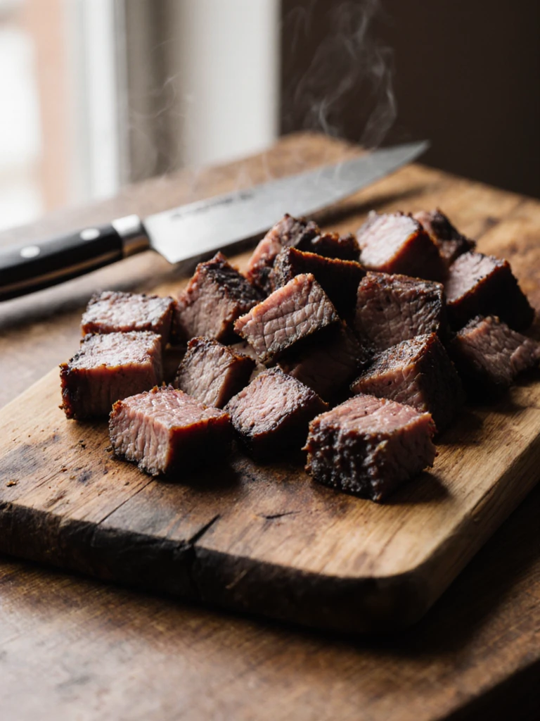 Smoked brisket chopped into half-inch cubes on a wooden cutting board, bark-edged pieces ready for shepherd's pie filling