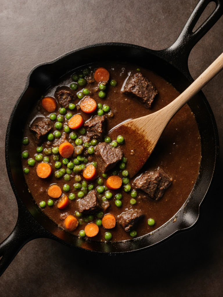 Rich dark gravy with vegetables simmering in a cast iron skillet, brisket pieces and peas visible in a thick glossy sauce