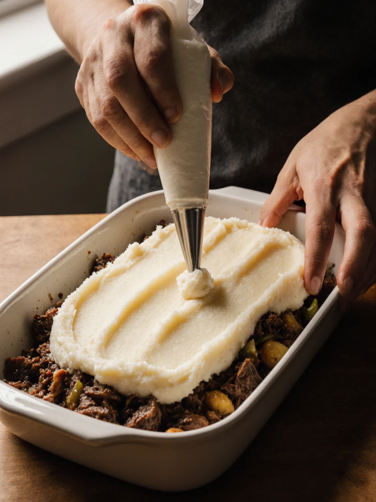 Mashed potato topping being piped in ridged rows over brisket filling in a baking dish using a piping bag