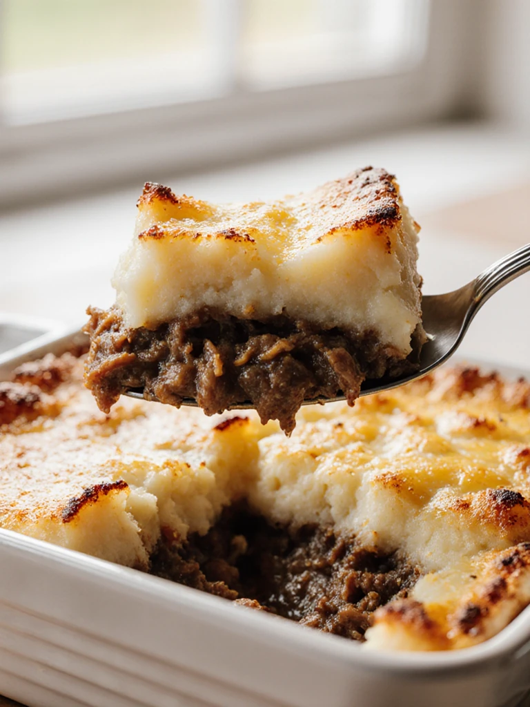 Serving spoon lifting a portion of smoked brisket shepherd's pie, showing distinct layers of golden mash and dark rich filling