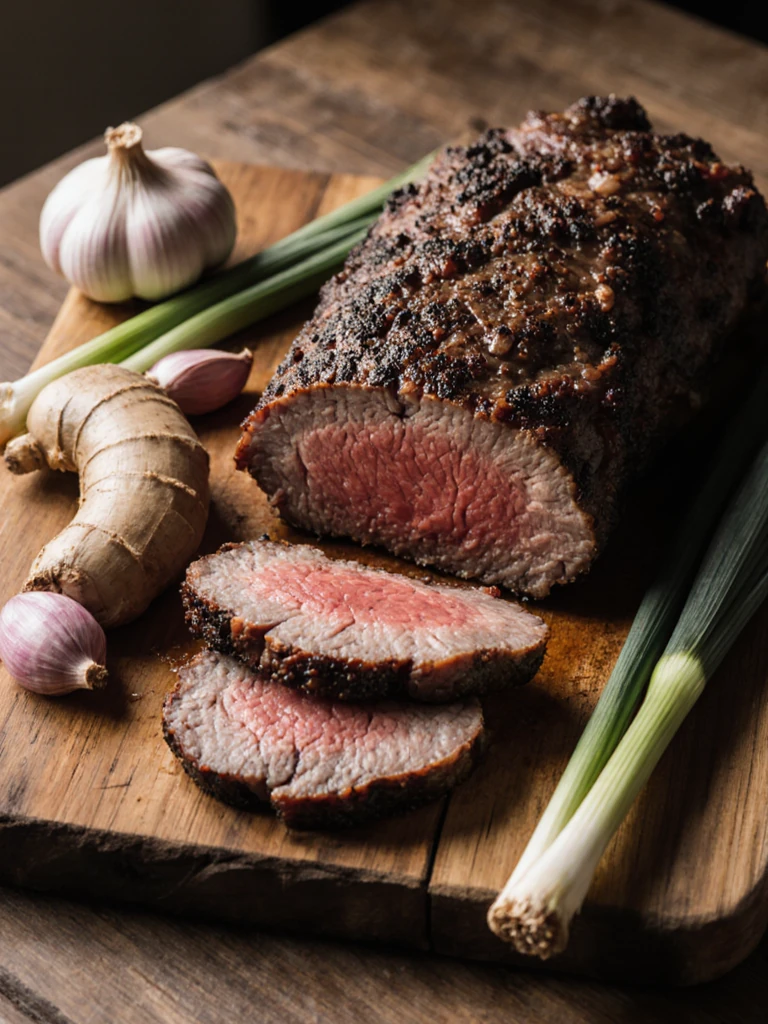 Sliced smoked beef brisket with dark peppery bark on a wooden cutting board beside fresh ginger, garlic, and scallions