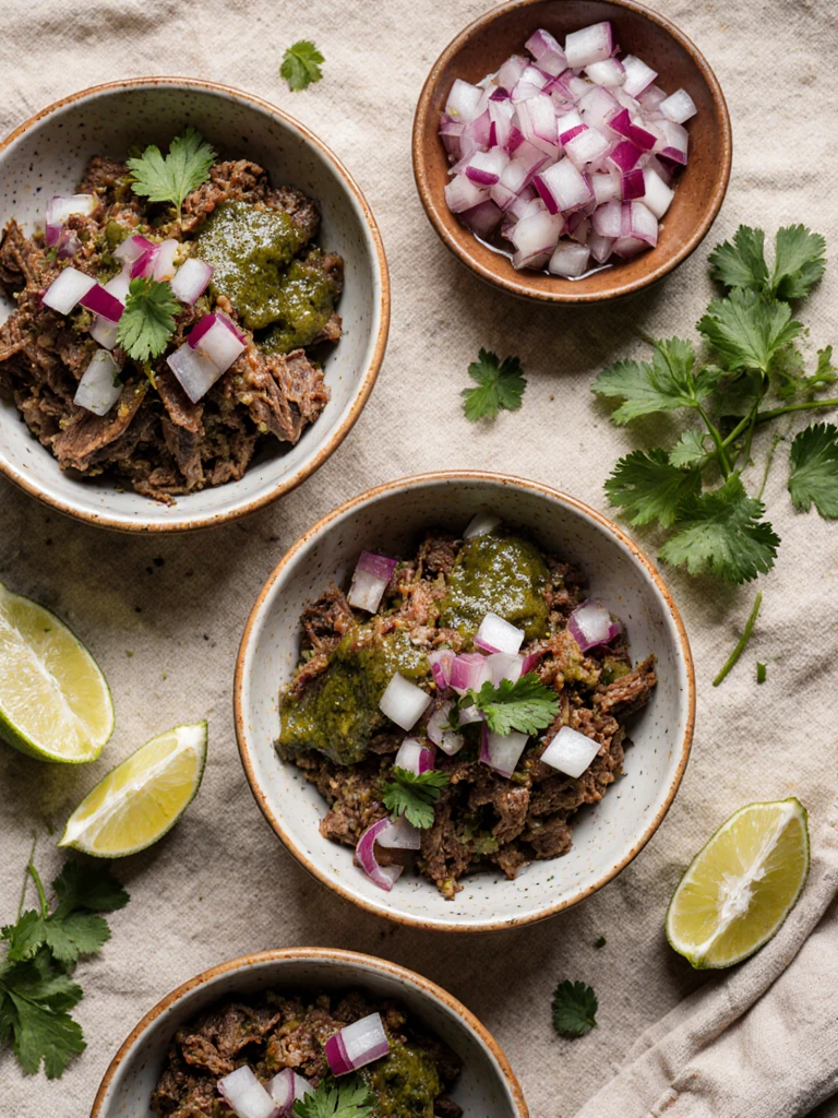 Small bowls of smoked brisket taco toppings including pickled onions, diced white onion, cilantro, lime wedges, and salsa verde arranged on a linen cloth