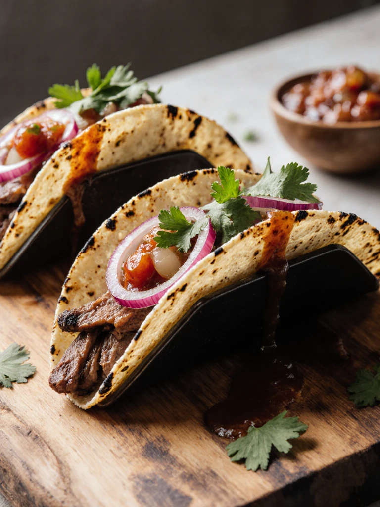 Smoked brisket tacos in corn tortillas with pickled onions and cilantro on a rustic wooden board