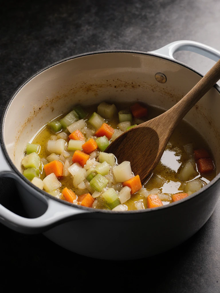 Diced onion, carrots, and celery sautéing in olive oil in a heavy Dutch oven, wooden spoon stirring the soffritto