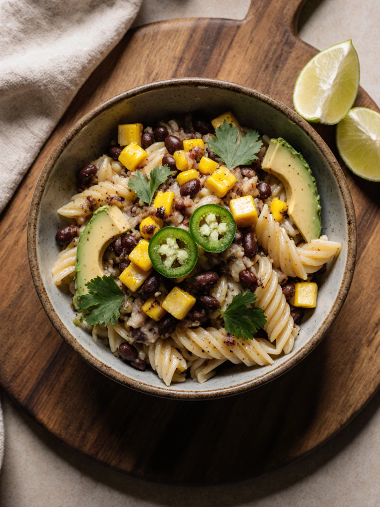Southwest pasta salad with corn, black beans, avocado, jalapeño, and chipotle lime dressing over rotini