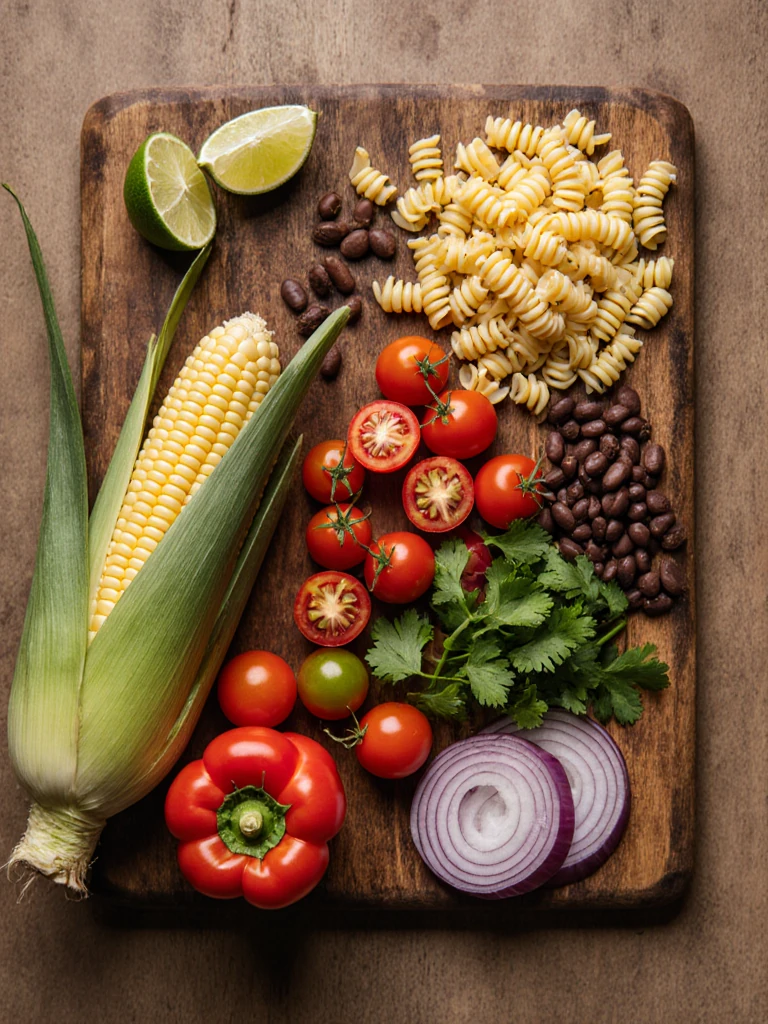 Southwest pasta salad ingredients laid out on a cutting board including corn, black beans, cherry tomatoes, peppers, and cilantro