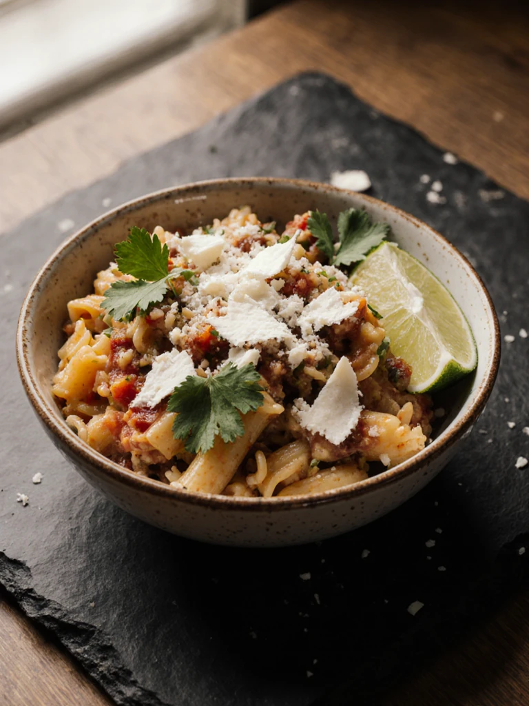 Southwest pasta salad close-up with cotija cheese crumbles, fresh cilantro leaves, and a lime wedge on a slate surface