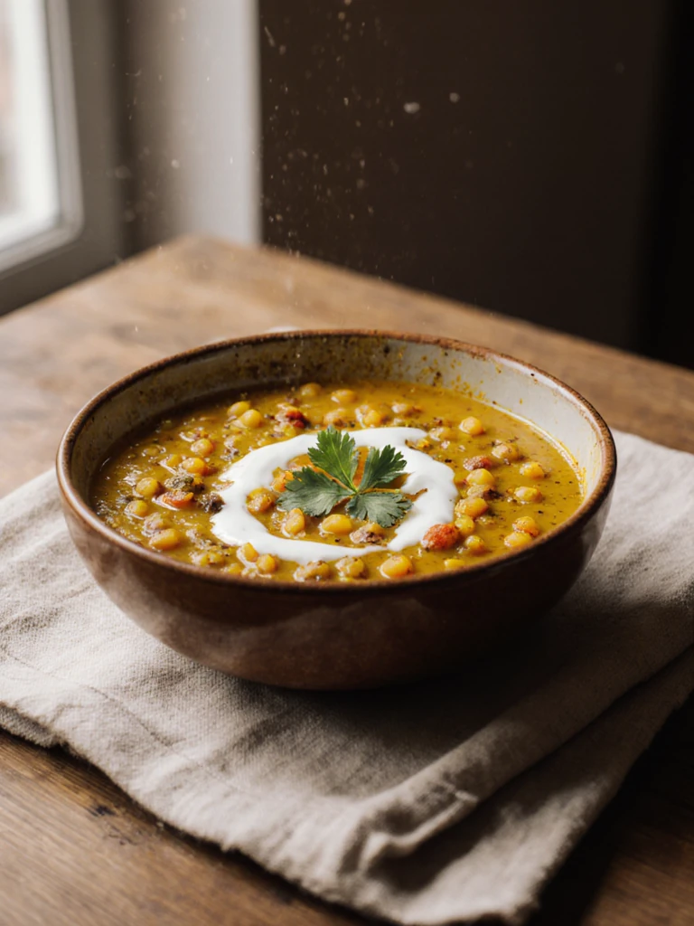 Spiced lentil soup with turmeric, cumin, and fresh cilantro in a deep ceramic bowl on a linen cloth