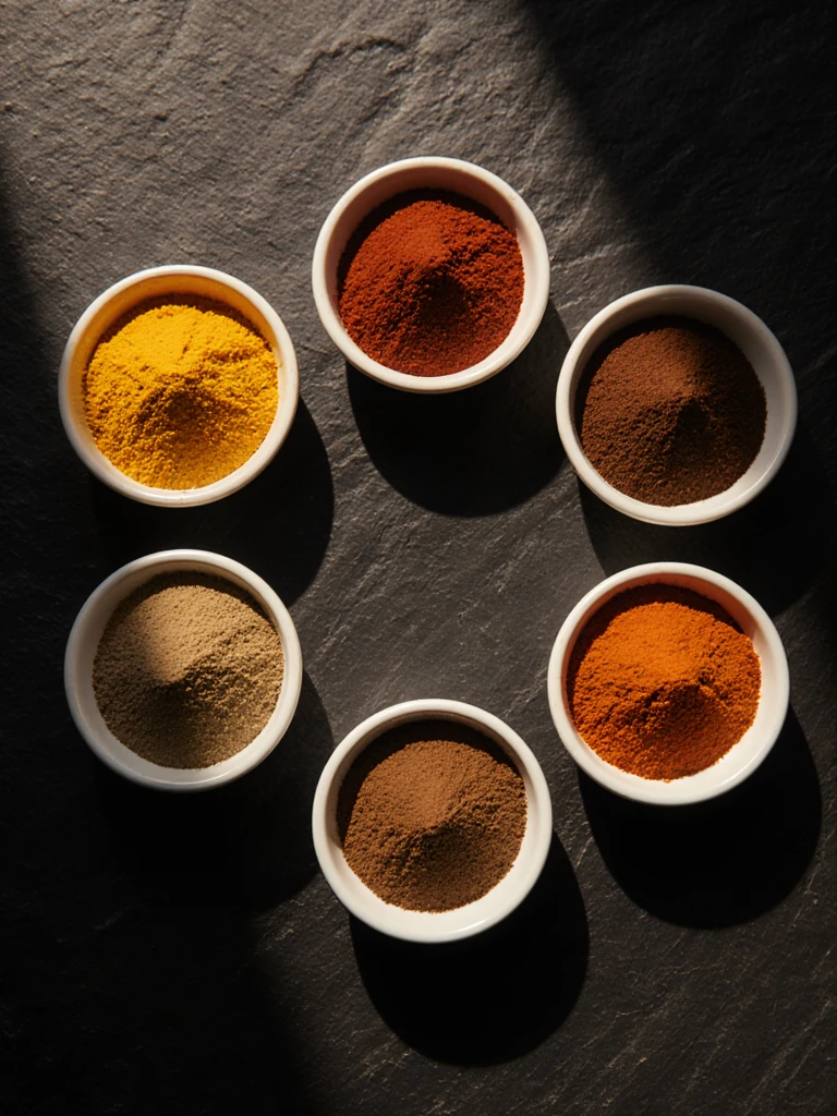 Cumin seeds, coriander, turmeric, smoked paprika, and cinnamon measured into small ceramic bowls on a dark slate surface