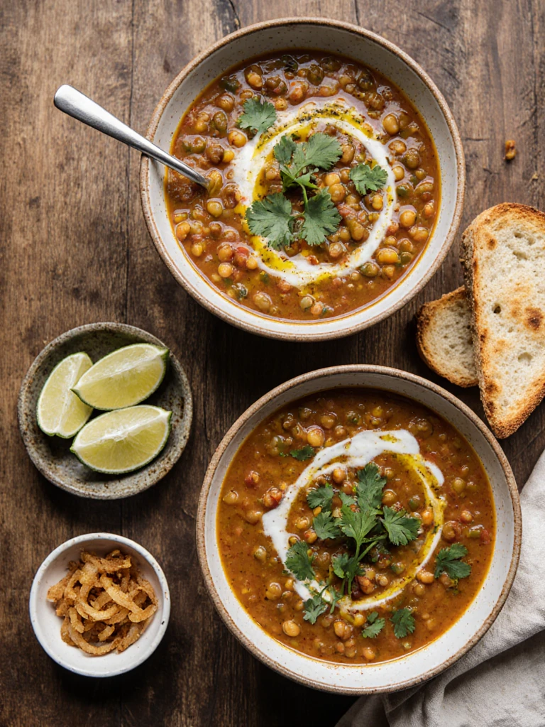 Two bowls of spiced lentil soup on a wooden table with toasted flatbread, lime wedges, and a small bowl of crispy fried onions