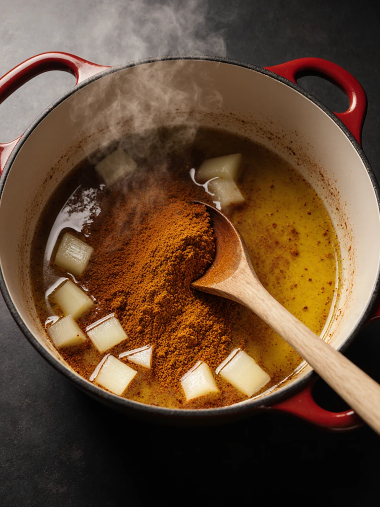 Spices blooming in olive oil in a Dutch oven with diced onion, the mixture turning deep golden and fragrant