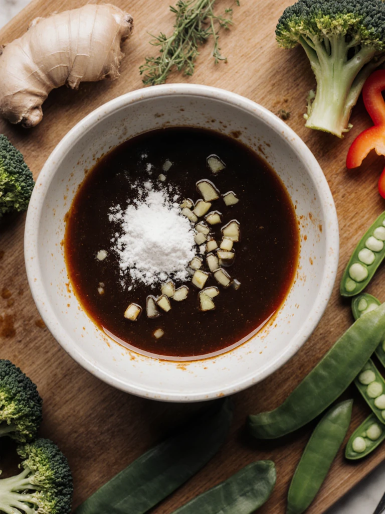 Small bowl of stir-fry sauce with soy sauce, sesame oil, ginger, garlic, and cornstarch pre-mixed beside chopped vegetables