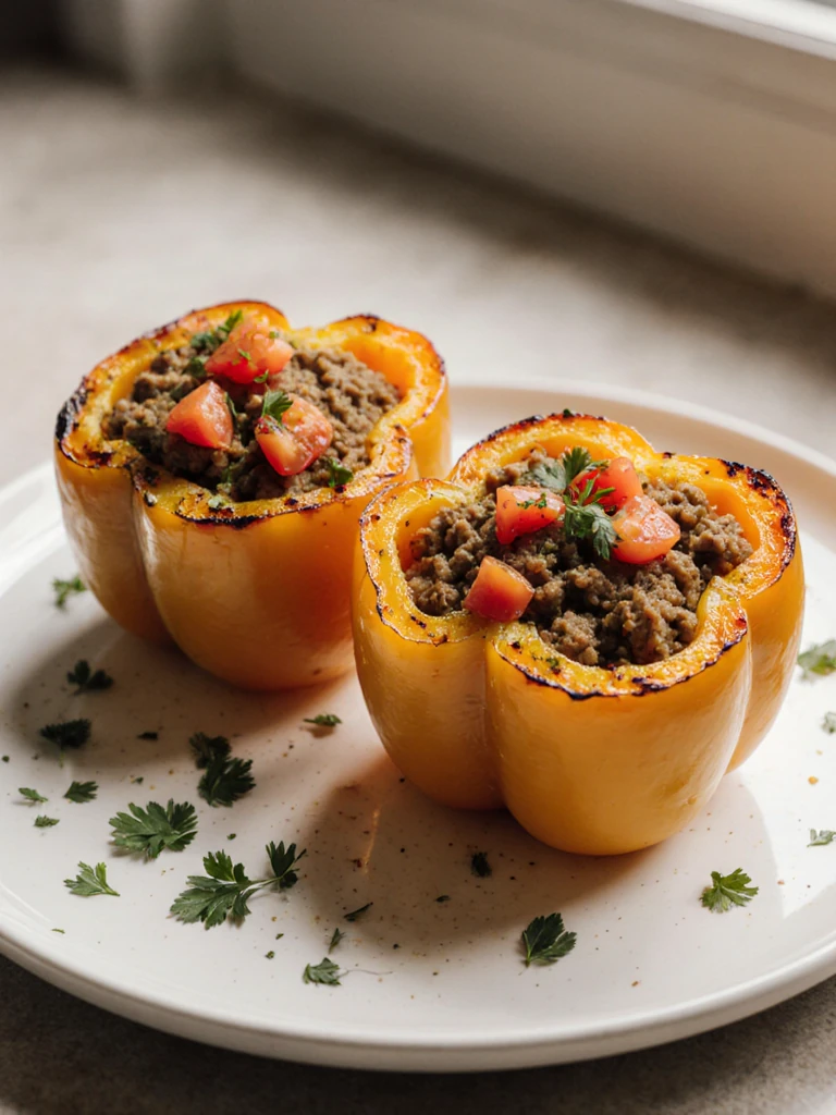 Stuffed bell peppers filled with spiced ground turkey and diced tomatoes on a white ceramic plate