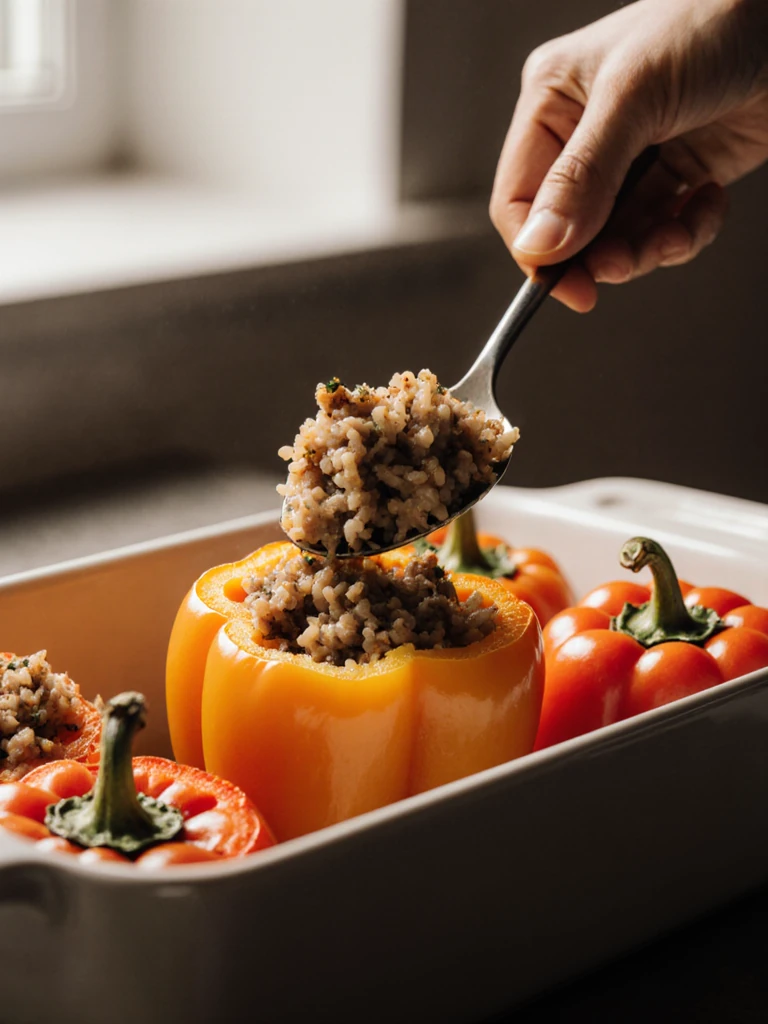 Spoonful of turkey and rice filling being loaded into a halved bell pepper in a baking dish