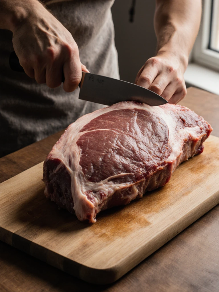 Whole raw packer brisket on a wooden cutting board being trimmed with a sharp boning knife, excess fat cap visible