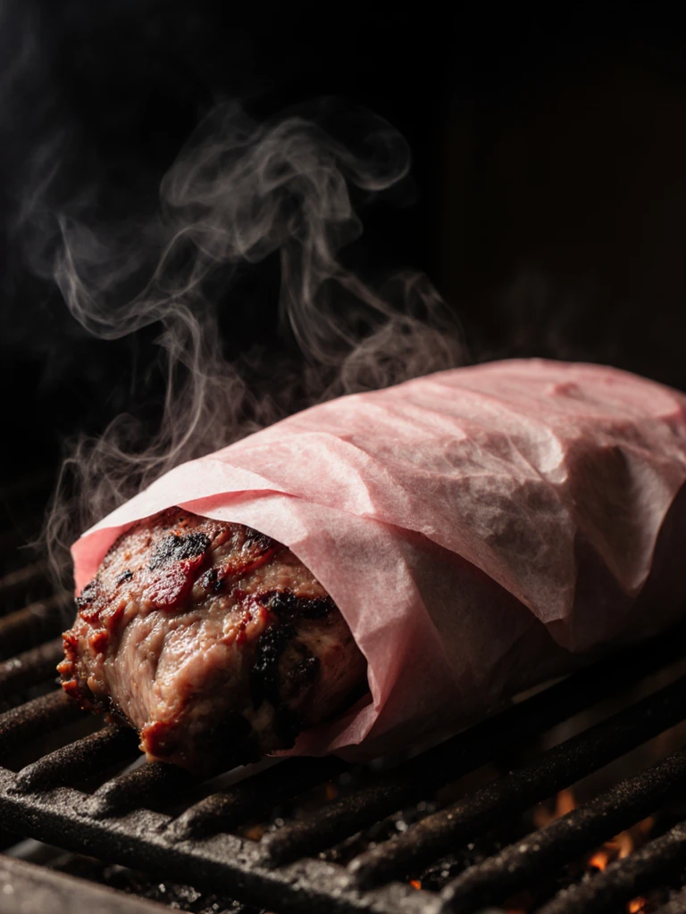 Smoked brisket wrapped tightly in pink butcher paper on a smoker grate with visible smoke wisps and dark bark forming