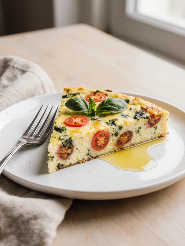 A wedge of tomato basil egg white frittata on a white plate with fresh basil and a drizzle of olive oil, fork beside it