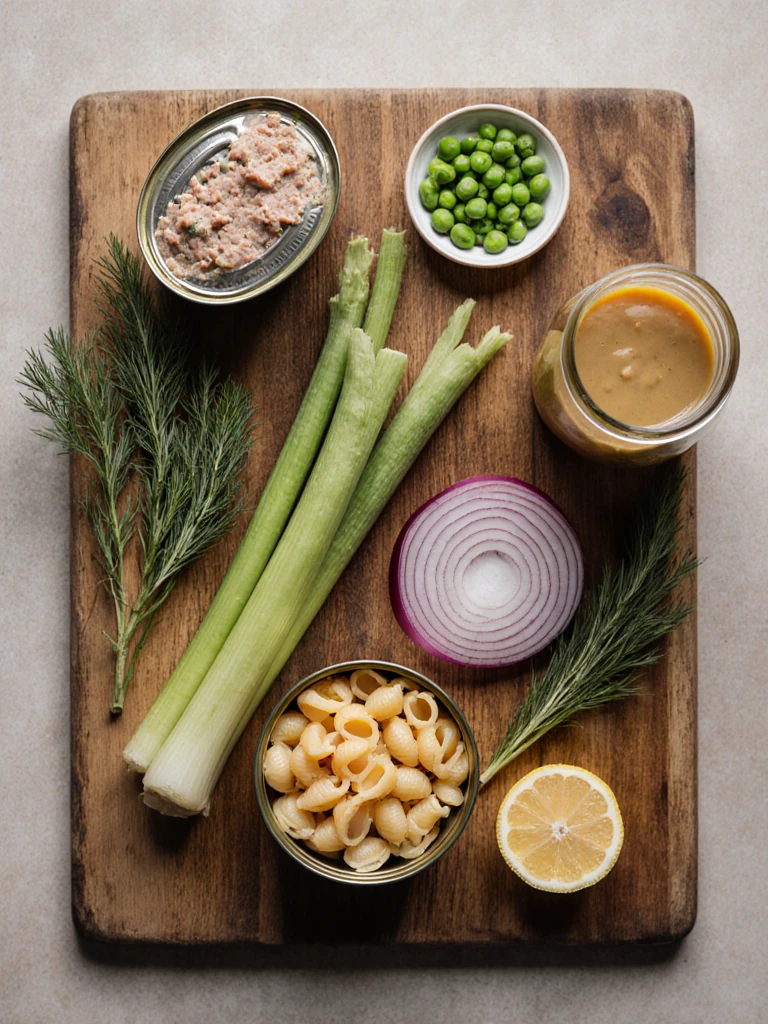 Tuna pasta salad ingredients on a wooden board with canned tuna, shell pasta, celery, red onion, peas, and fresh dill