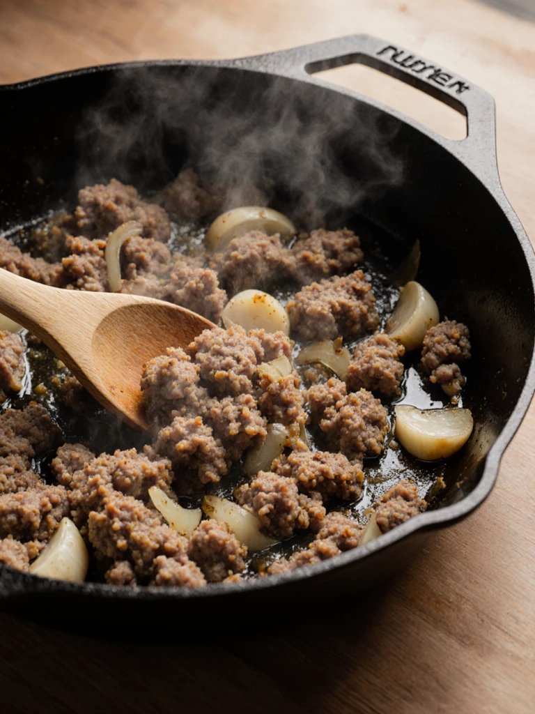 Ground turkey browning with diced onions and garlic in a cast iron skillet, steam rising, natural light
