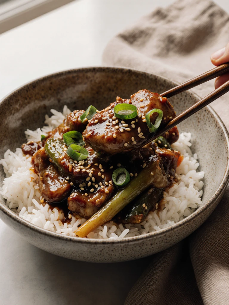 Turkey and vegetable stir-fry served over steamed jasmine rice in a deep bowl, garnished with sesame seeds and sliced green onions